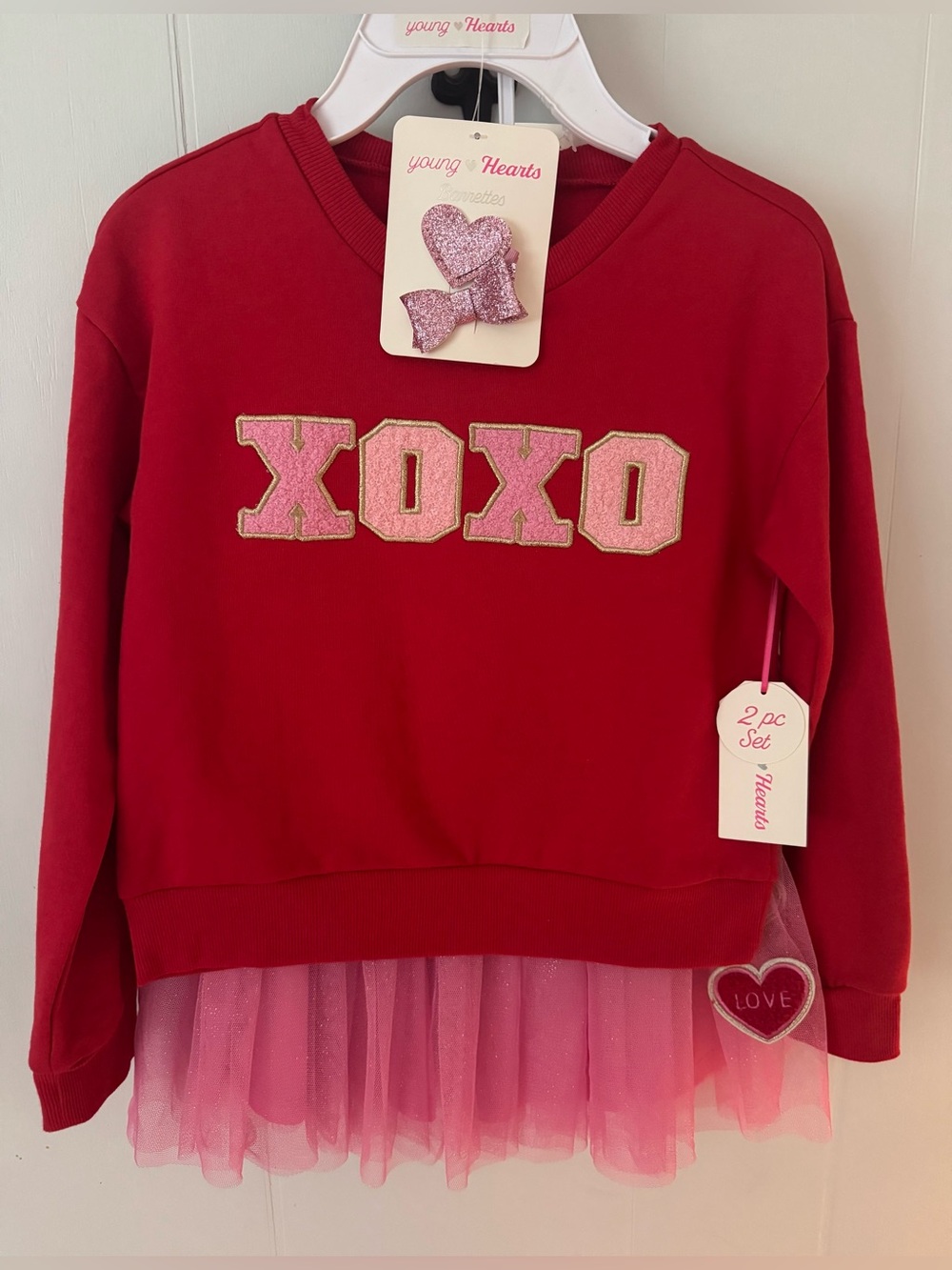 Young Hearts Girls' Red Sweatshirt + Pink Tulle Skirt & Matching Barrettโs -NWT-